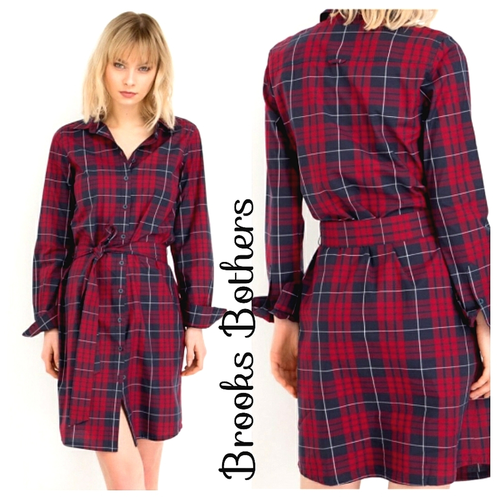Nwot Brooks Brothers Red Fleece Longsleeve Red Plaid Shirtdress